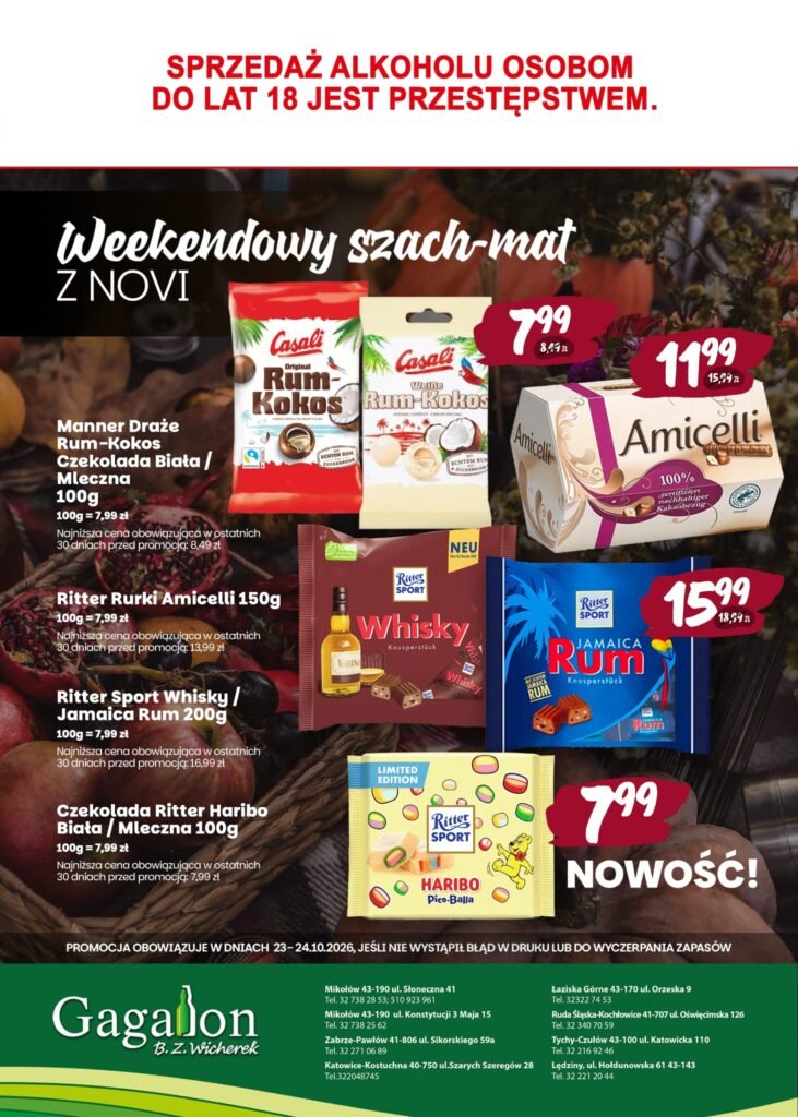 Weekendowy szach-mat Gagalon: promocje słodyczy (Manner, Amicelli, Ritter Sport) w dniach 23–24.10.2026
