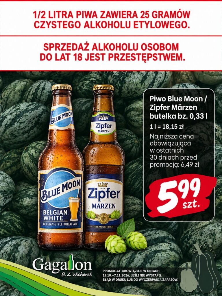 Plakat promocyjny: piwo Blue Moon / Zipfer Märzen, butelka 0,33 l za 5,99 zł