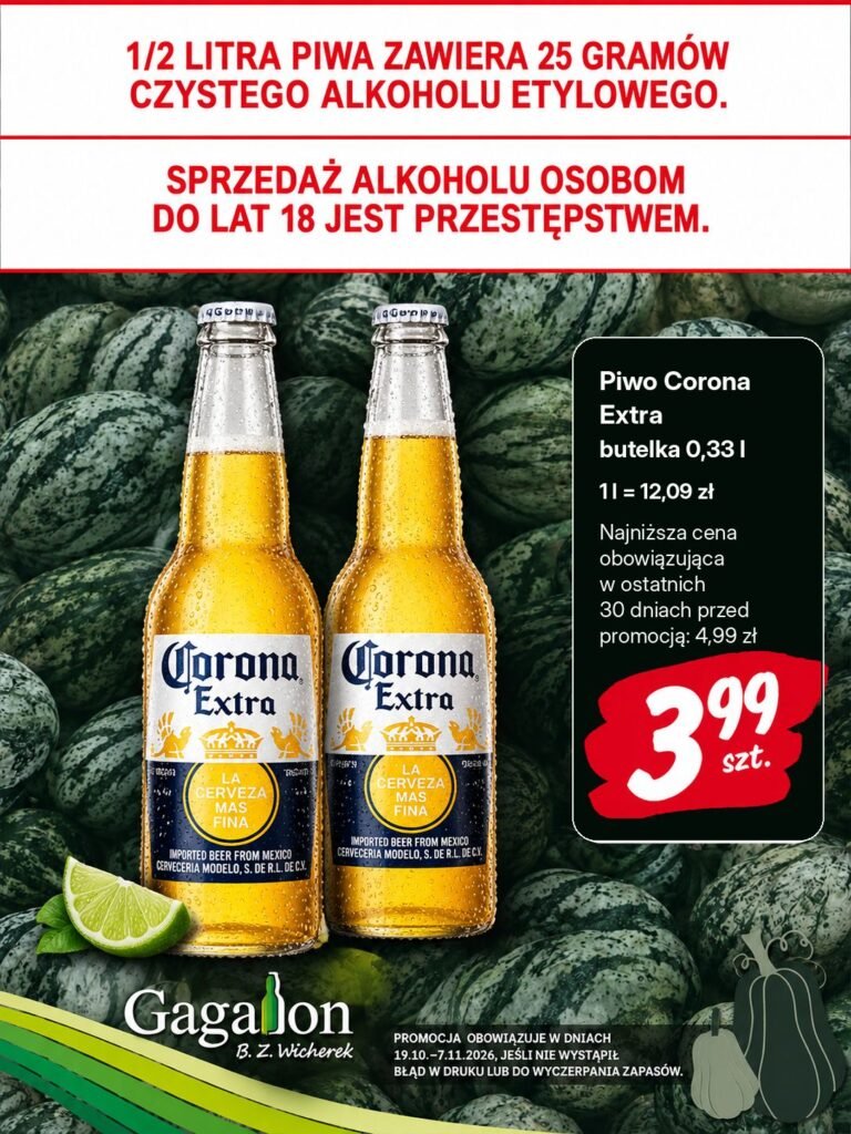 Plakat promocyjny: piwo Corona Extra, butelka 0,33 l za 3,99 zł