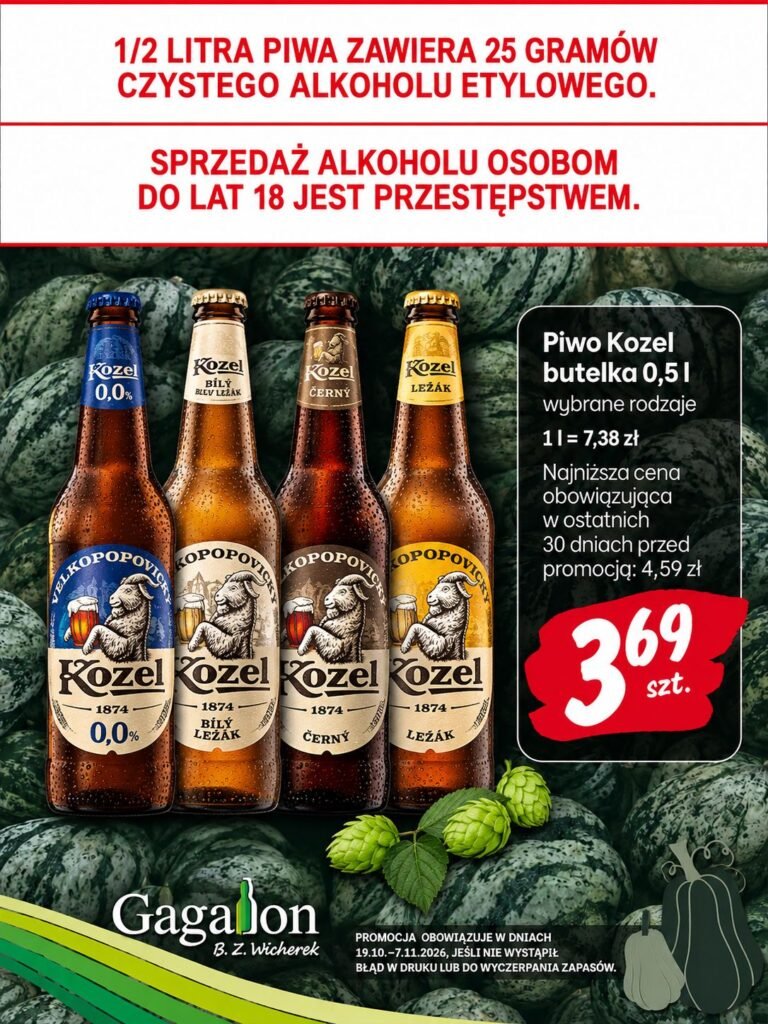 Plakat promocyjny: piwo Kozel, butelka 0,5 l za 3,69 zł