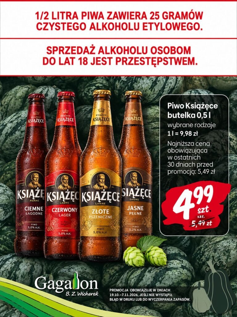 Plakat promocyjny: piwo Książęce, butelka 0,5 l za 4,99 zł