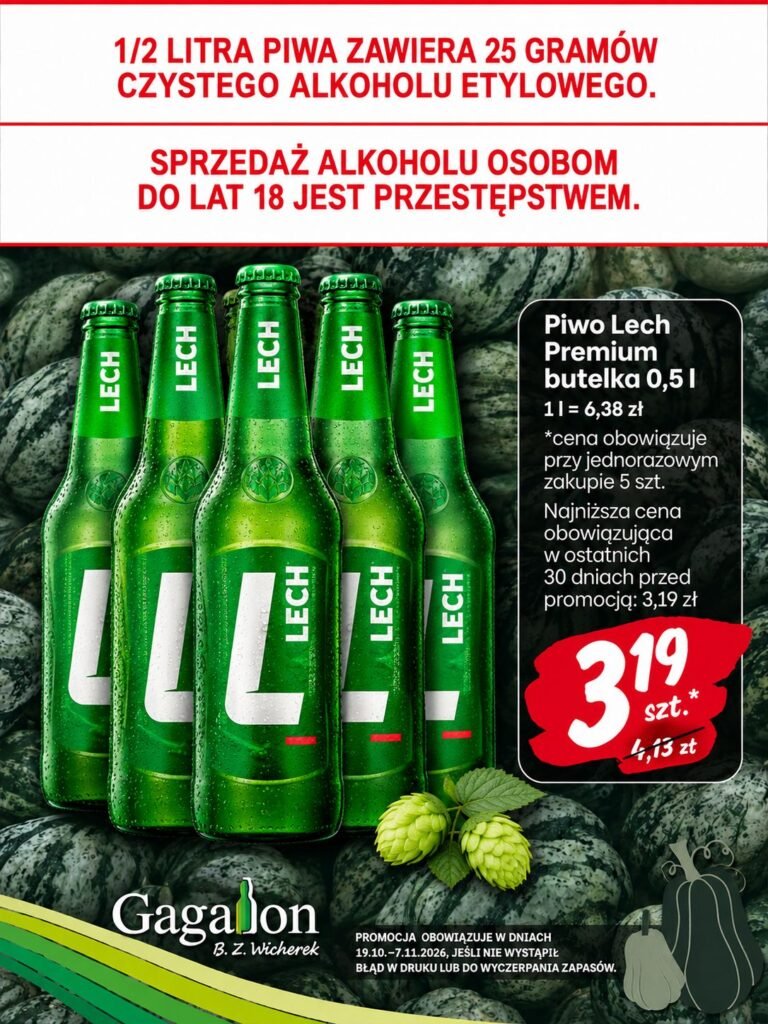 Plakat promocyjny: piwo Lech Premium, butelka 0,5 l za 3,19 zł przy zakupie 5 sztuk