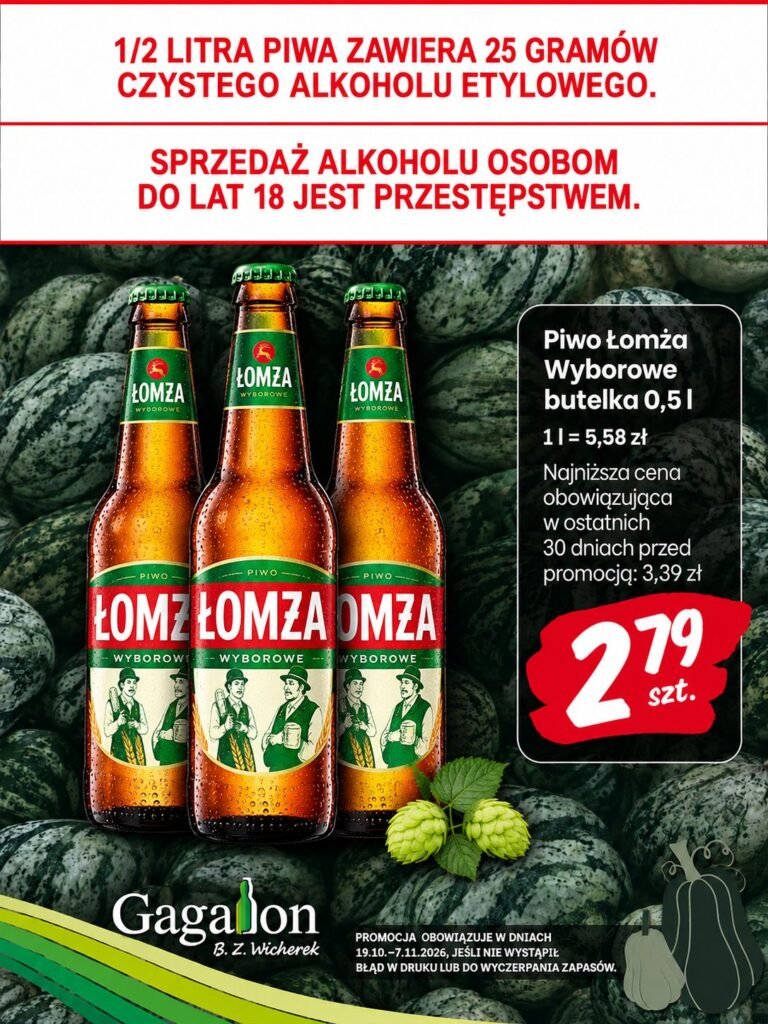 Plakat promocyjny: piwo Łomża Wyborowe, butelka 0,5 l za 2,79 zł