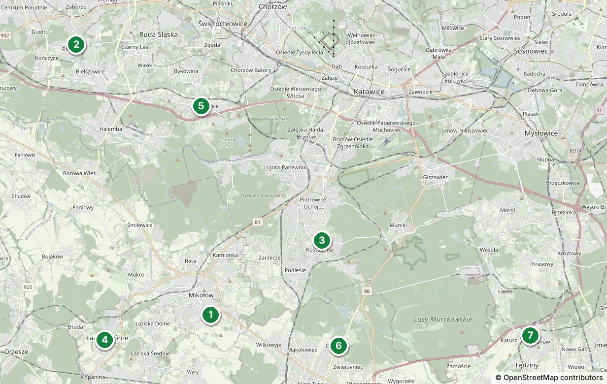 Mapa siedmiu sklepów Gagalon na Śląsku; numery odpowiadają sklepom z listy powyżej